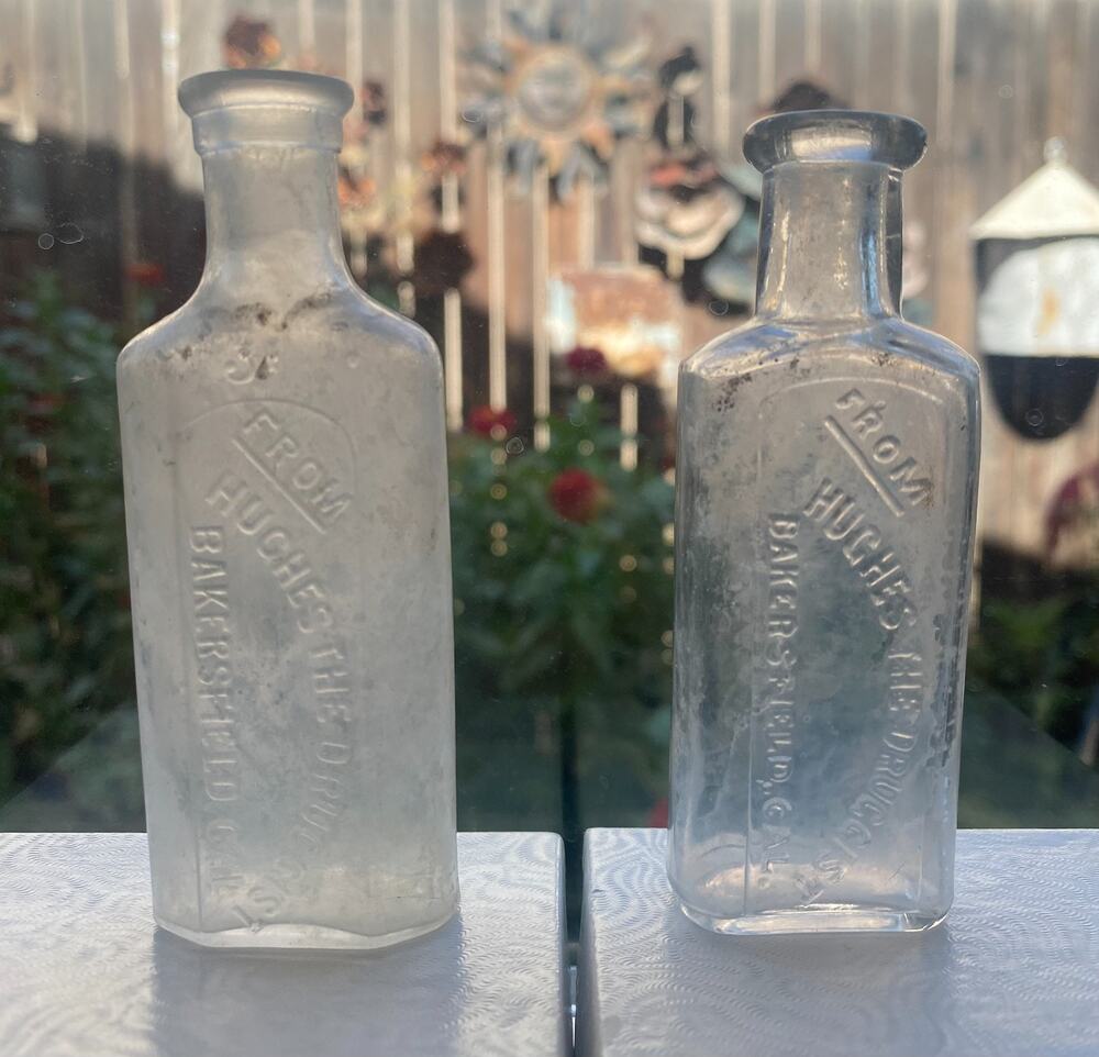 VTG Pair Hughes The Druggist Bakersfield California Bottle Pharmacy Medicine F